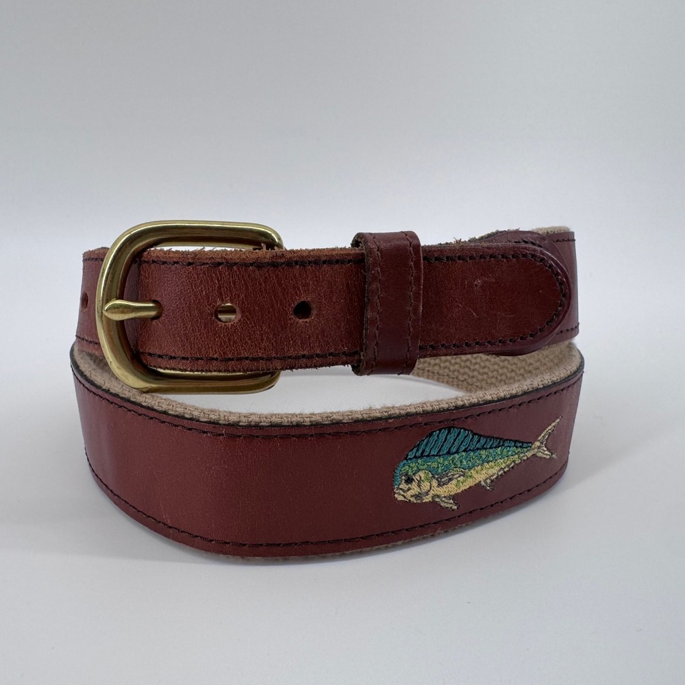 Leather Man Ltd Belt Mens 32 Brown Leather Mahi Mahi Fish Embroidered Nautical